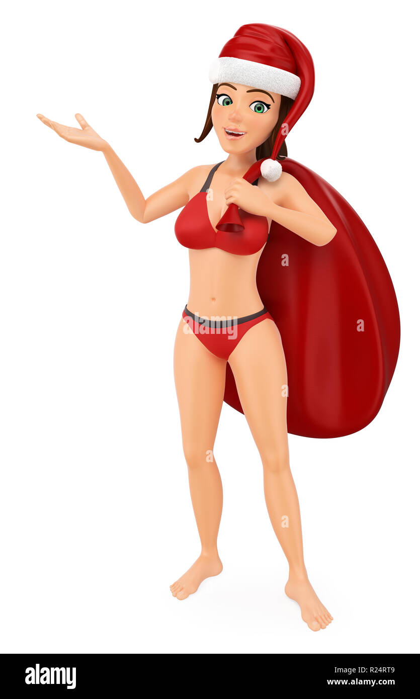 Les gens de noël 3d illustration. Woman in bikini with santa hat et sack pointant de côté. Isolé sur fond blanc Banque D'Images