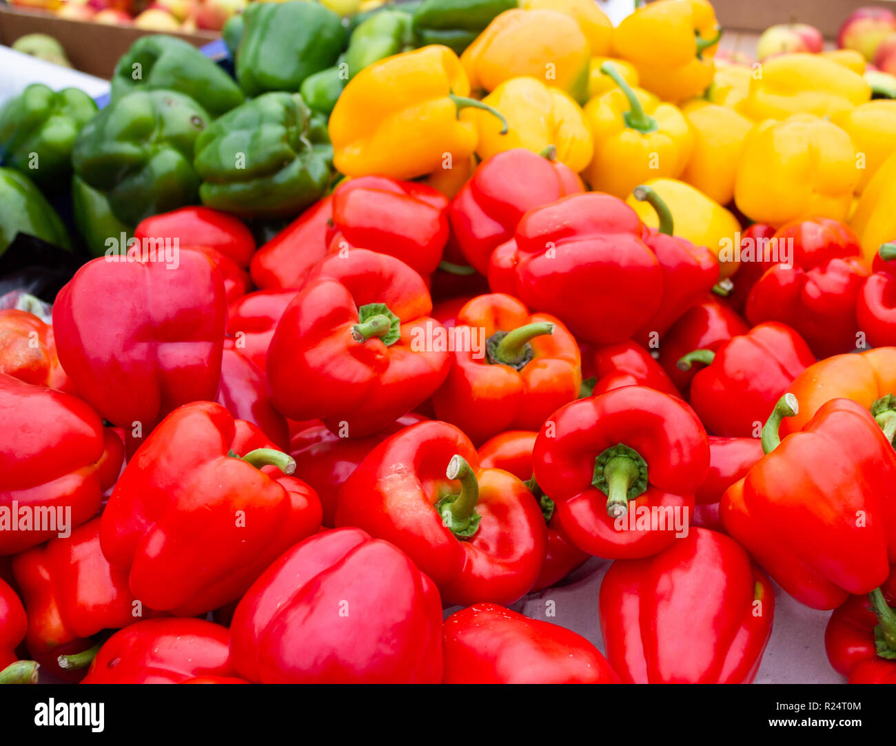 Des piles de poivrons frais dans un marché d'alimentation Banque D'Images