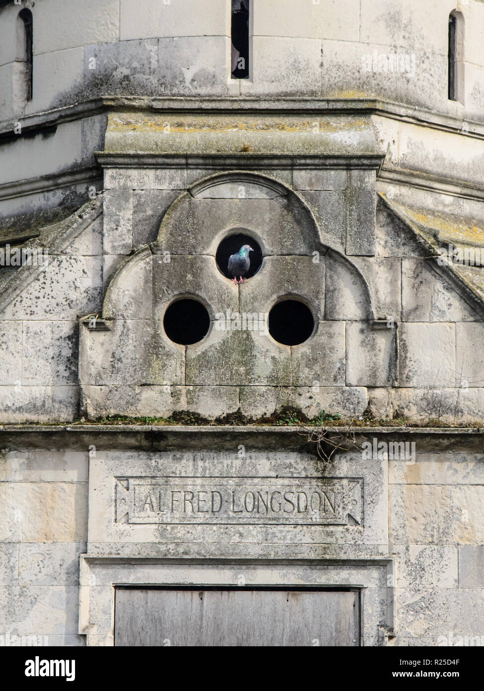 Un pigeon perché dans une fenêtre d'un petit mausolée en pierre tombe à West Norwood Cemetery, Londres du sud. Banque D'Images