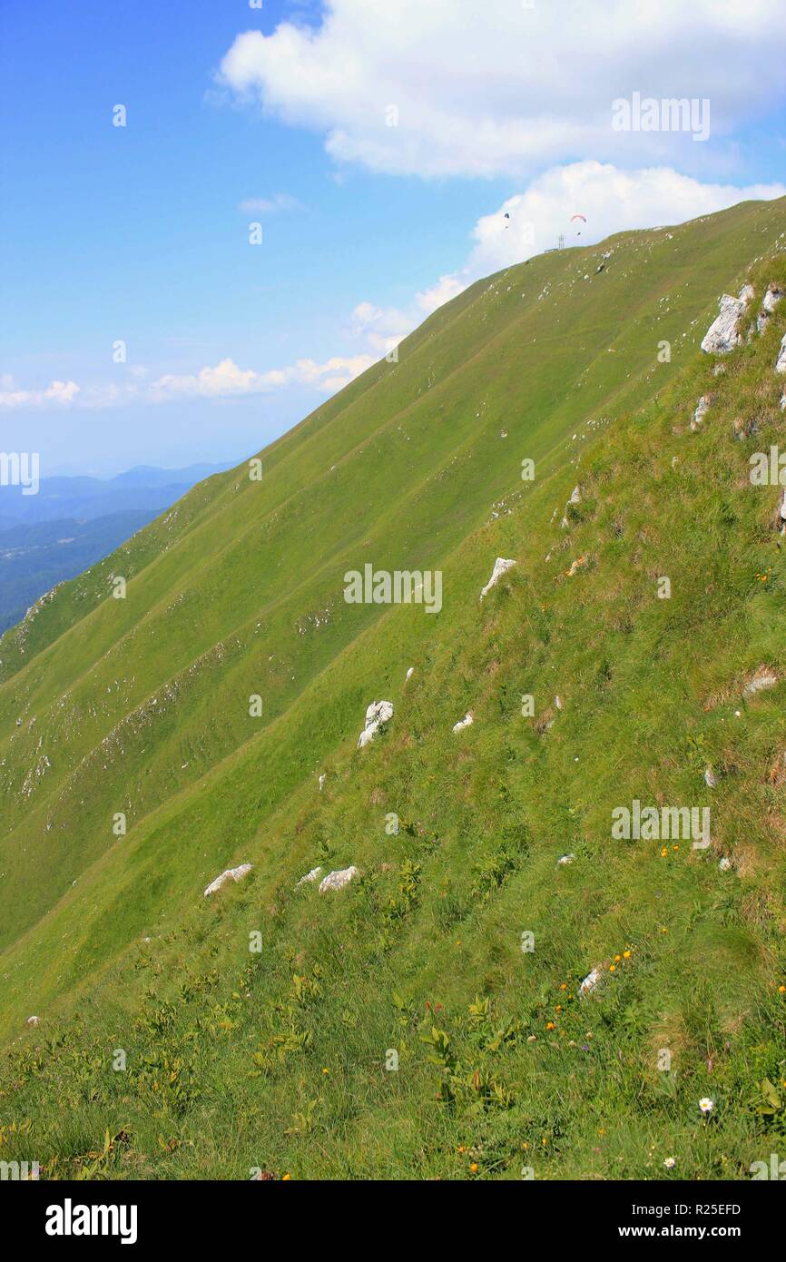 Les fortes pentes du mont Kobariski Stol, populaire site de parapente, Alpes Juliennes, Alpe Adria Trail, la Slovénie, l'Europe centrale Banque D'Images
