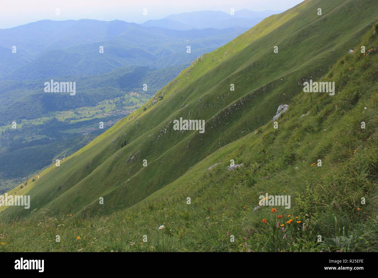 Alpine abruptes pentes du mont Kobariski Stol, Alpes Juliennes, Alpe Adria Trail, la Slovénie, l'Europe centrale Banque D'Images