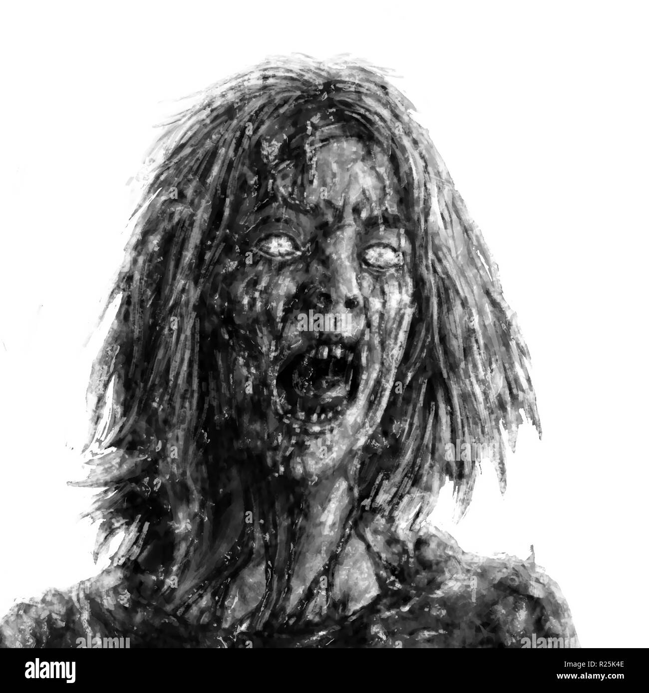 Zombie Screaming woman face sur fond blanc. Illustration de genre d'horreur. Banque D'Images