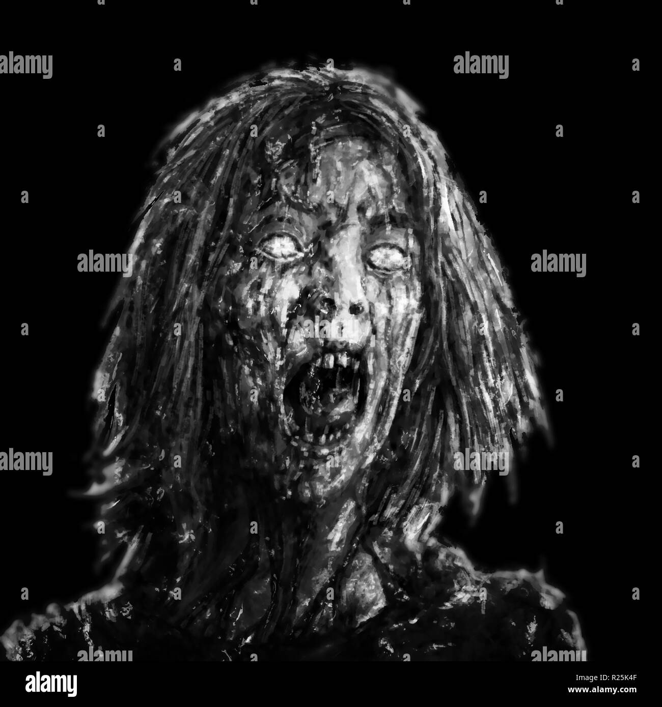 Zombie Screaming woman face sur fond noir. Illustration de genre d'horreur. Banque D'Images
