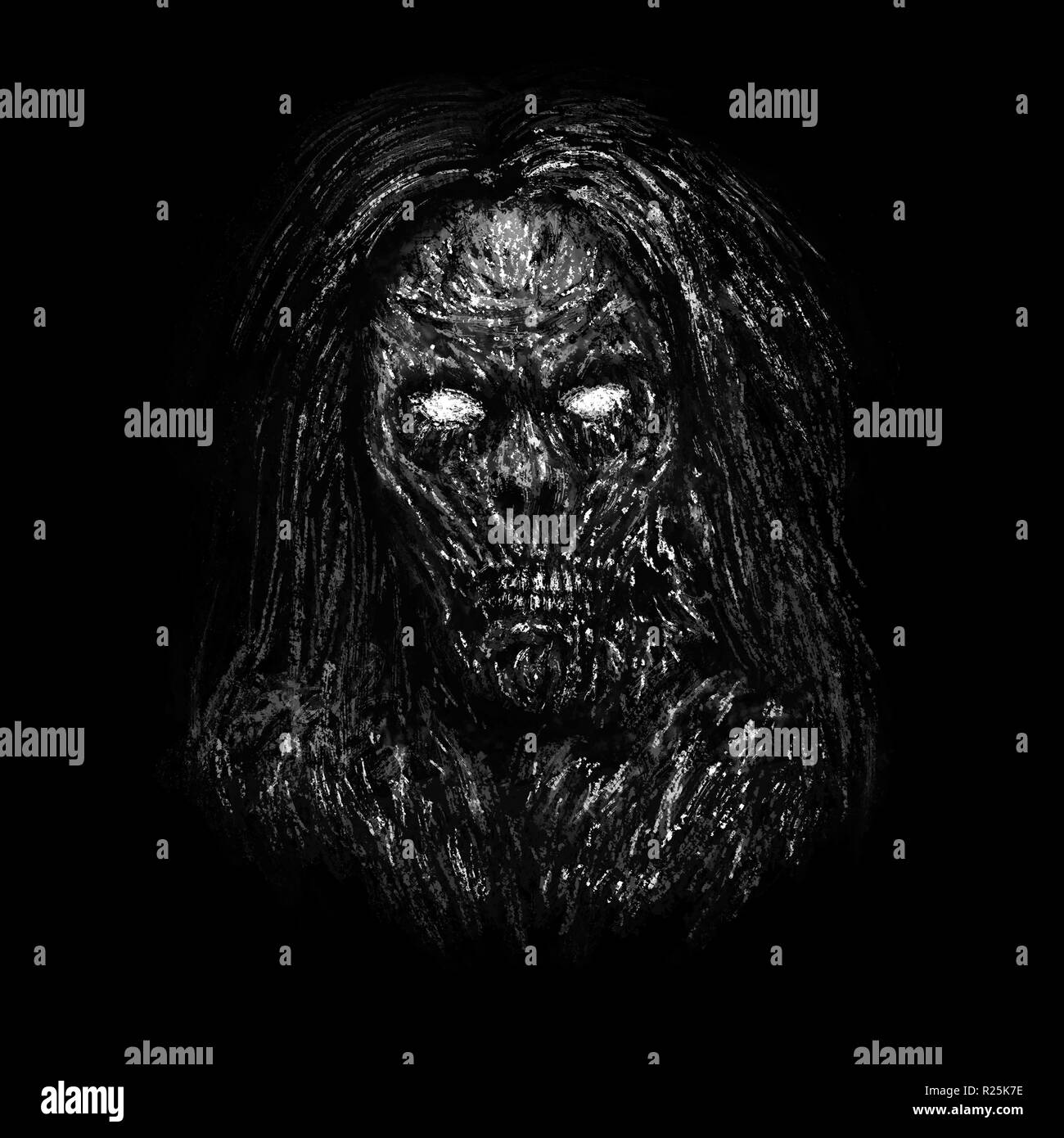 Zombie woman face sombre sur fond noir. Illustration de genre d'horreur. Banque D'Images