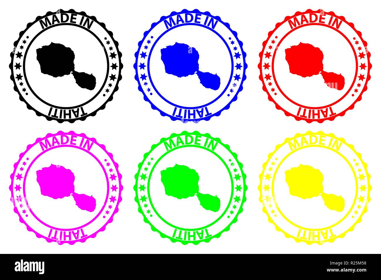 Fait à Tahiti - timbres en caoutchouc - vecteur, Tahiti carte - noir, bleu, vert, jaune, violet et rouge Illustration de Vecteur