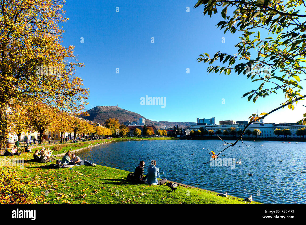 Les jeunes profitant de la météo d'automne le long de Lille Lungegaardsvann dans le lac, le centre-ville de Byparken Bergen, Norvège. Le mont Ulriken en arrière-plan. Collection automne Banque D'Images