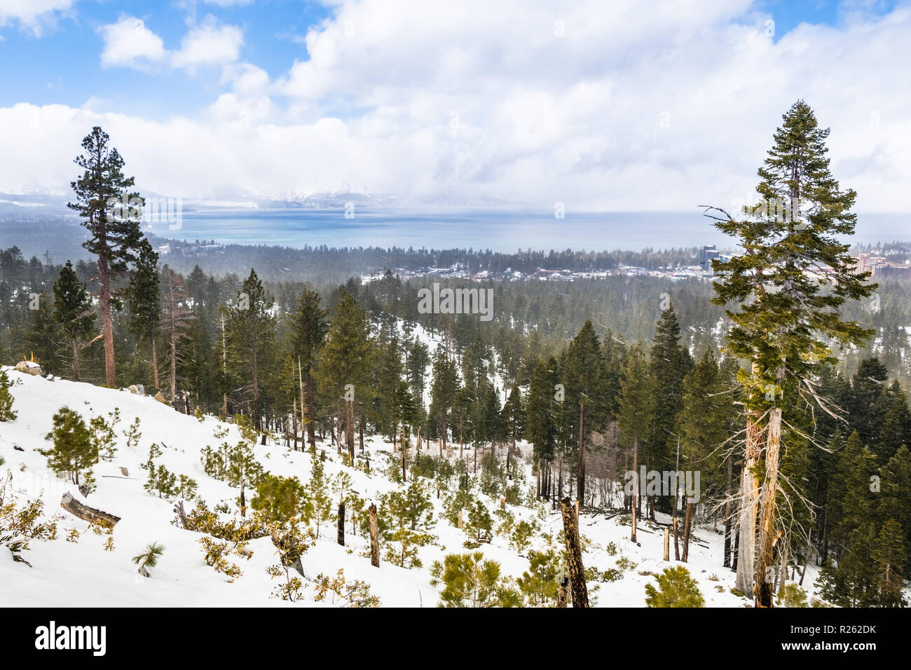 Nuageux jour de printemps avec de la neige qui couvre la Sierra Montagnes, Lac Tahoe en arrière-plan ; Van Sickle Bi-State Park, Californie et Nevada Banque D'Images