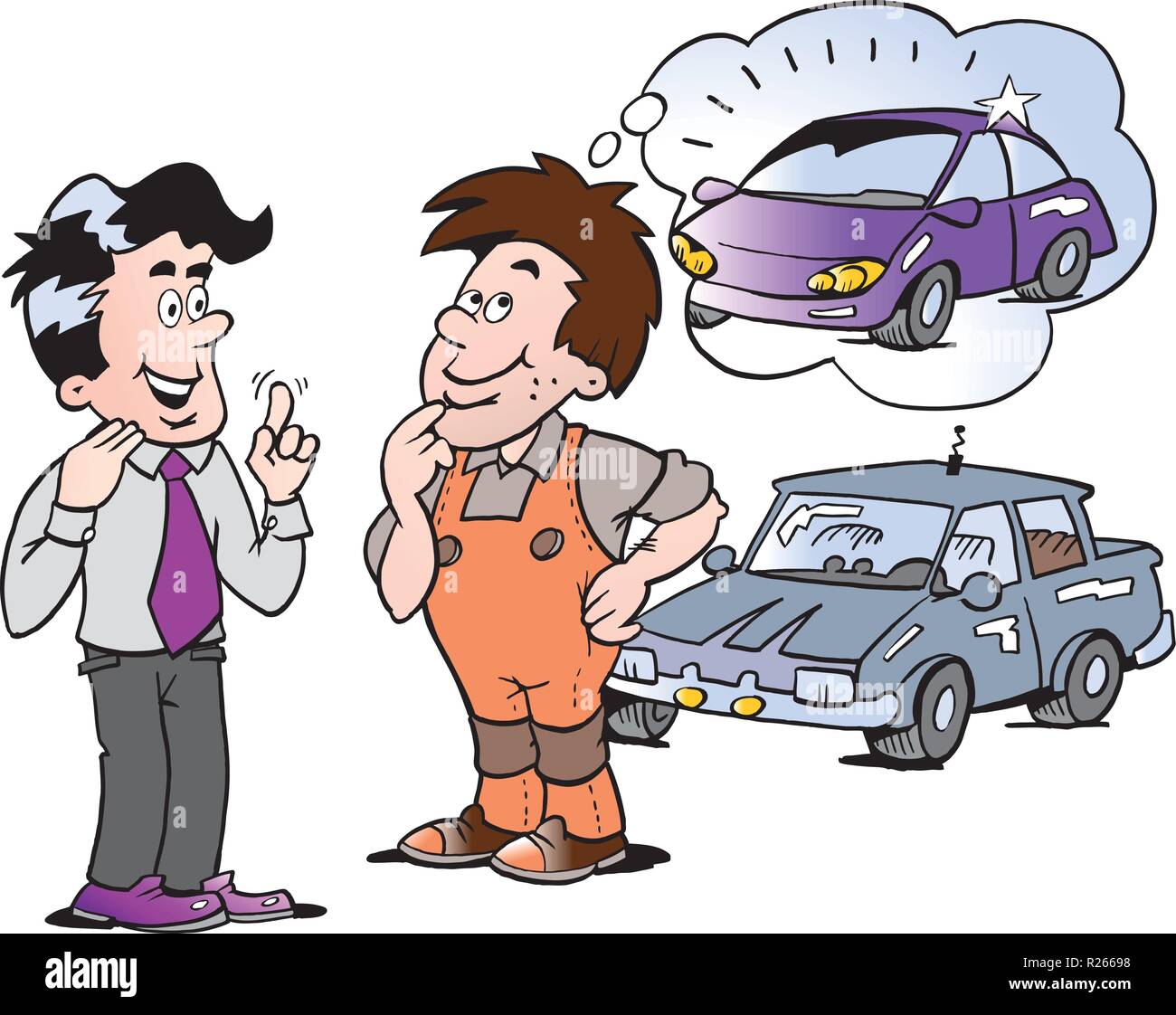 Cartoon Vector illustration d'un jeune homme il vous songez à acheter une nouvelle voiture auto Illustration de Vecteur