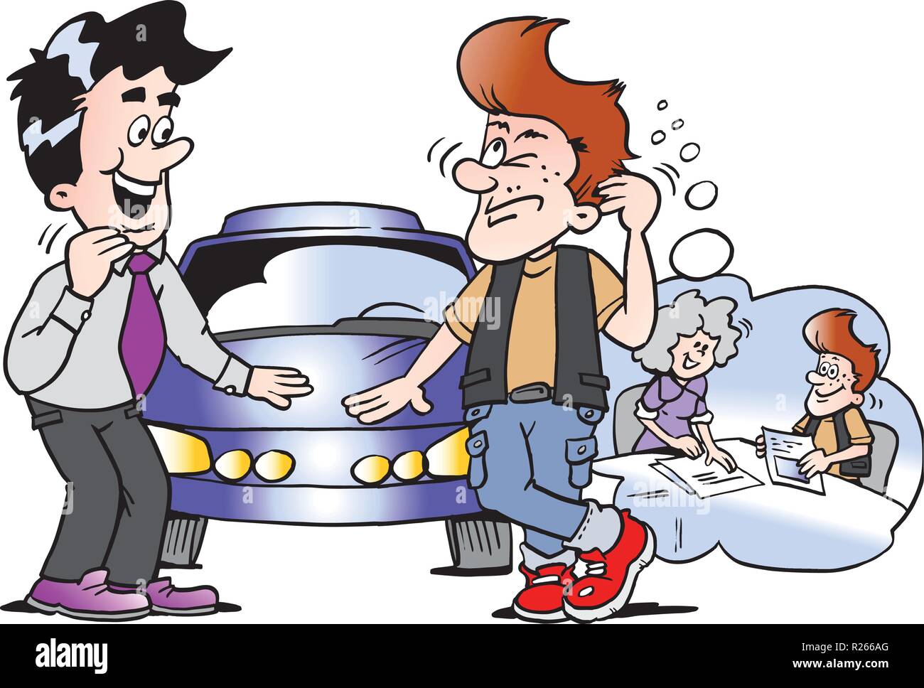 Cartoon Vector illustration d'un jeune homme pense que la façon de financer la voiture de sport Illustration de Vecteur