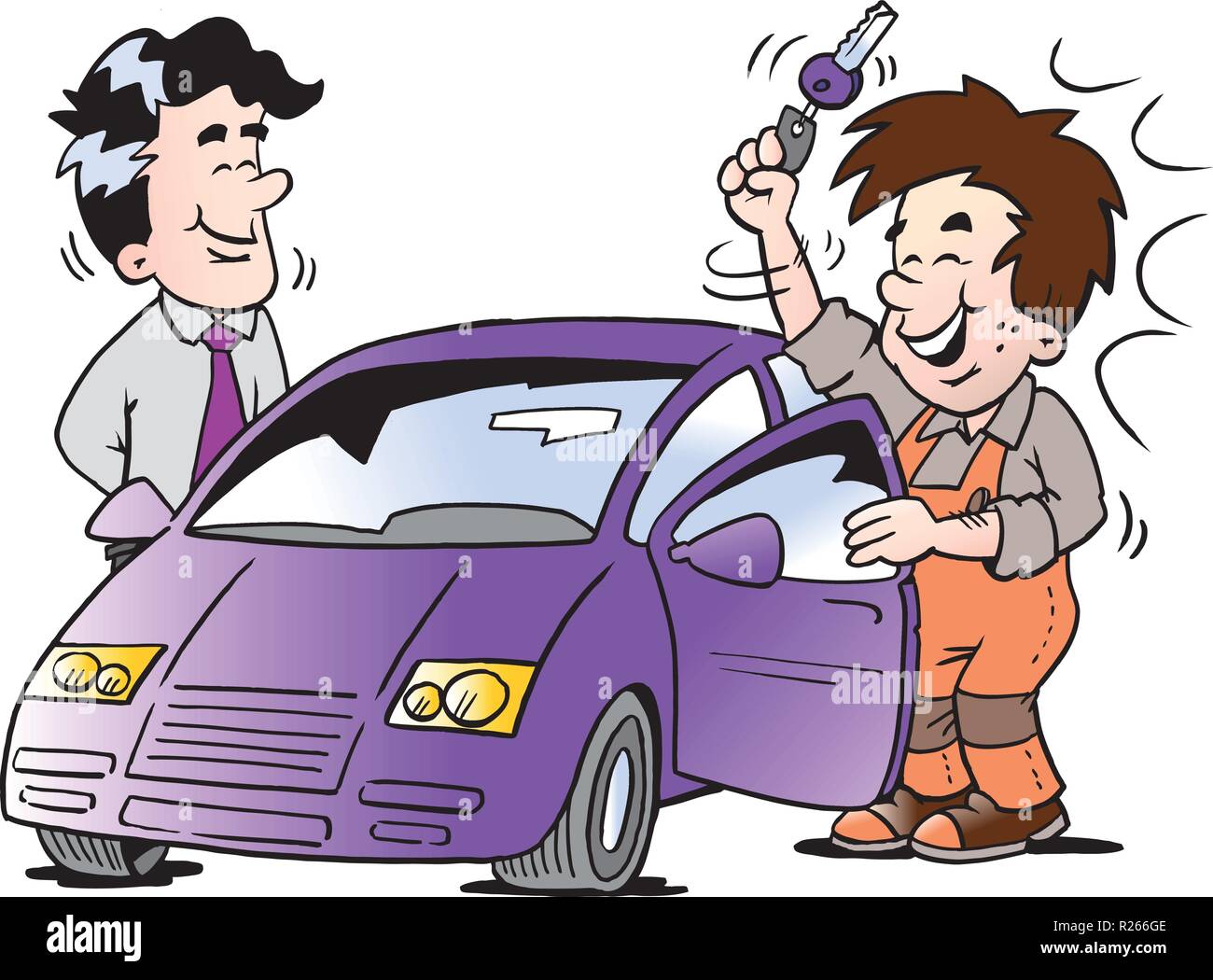 Cartoon Vector illustration d'un jeune homme qui reçoit la clé de sa nouvelle voiture Illustration de Vecteur