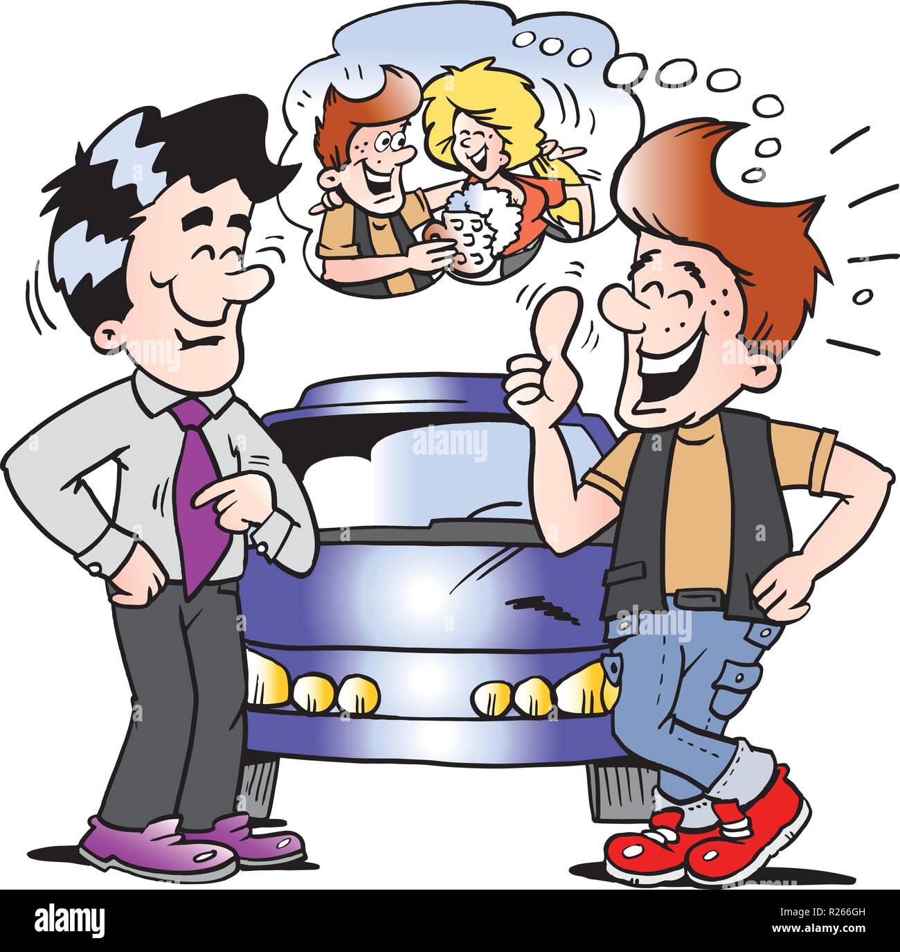 Cartoon Vector illustration d'un jeune homme il est si content de sa nouvelle voiture auto Illustration de Vecteur