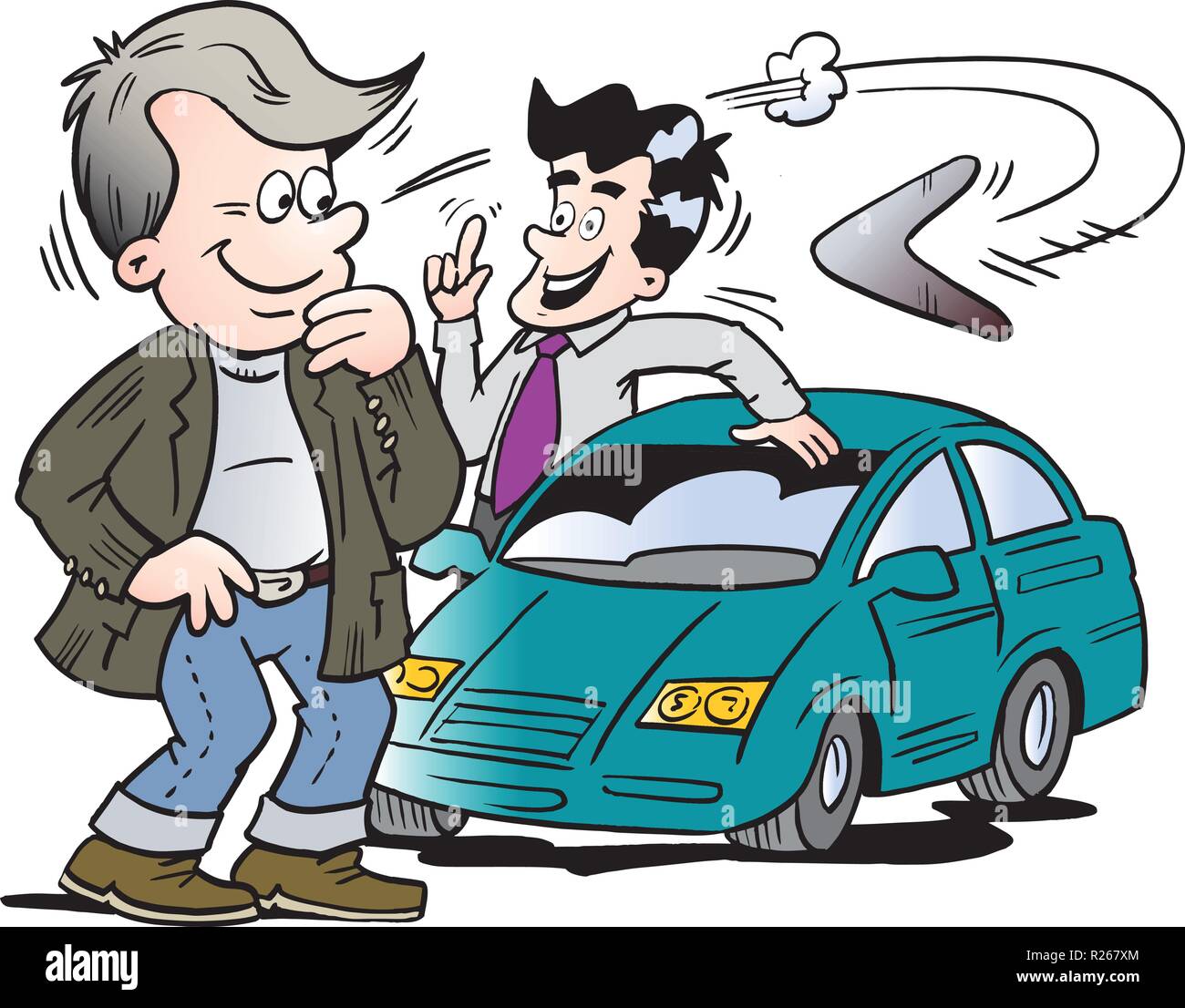 Cartoon Vector illustration d'un vendeur de voiture et un client à la recherche d'une nouvelle voiture auto Illustration de Vecteur