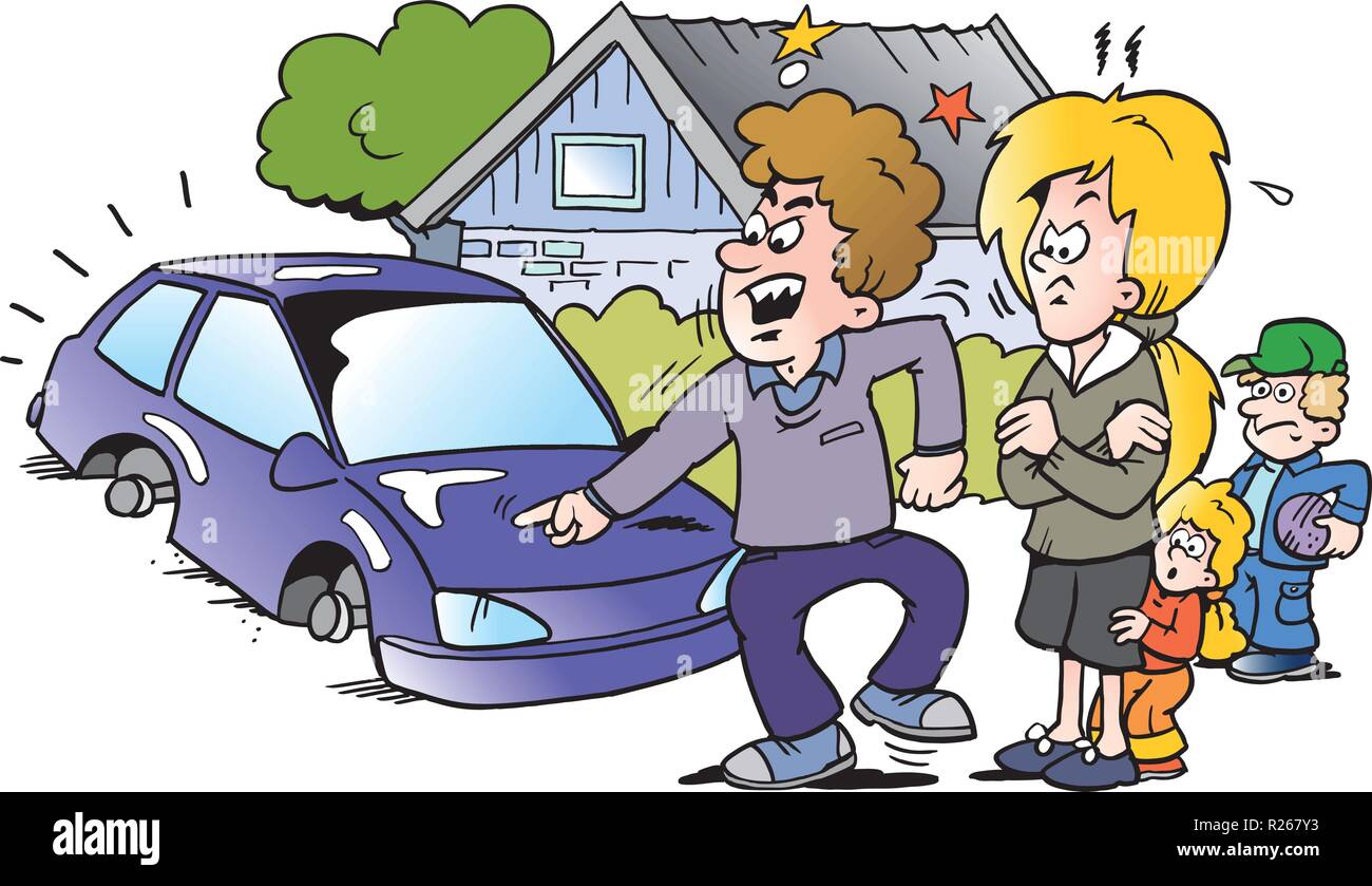 Cartoon Vector illustration d'un père de famille en colère pointant sur sa nouvelle voiture auto Illustration de Vecteur