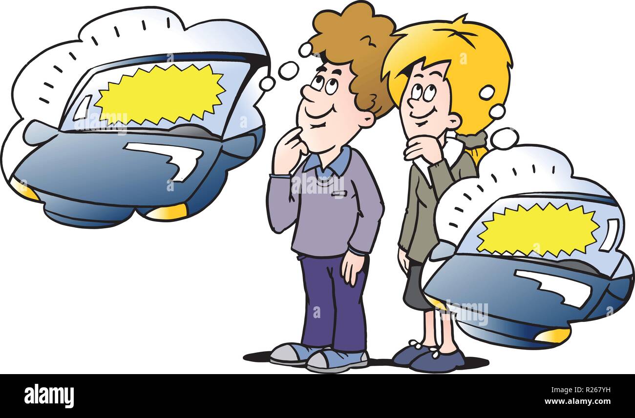 Cartoon Vector illustration d'une famille, il pense à la façon dont leur nouvelle voiture peut être financé Illustration de Vecteur