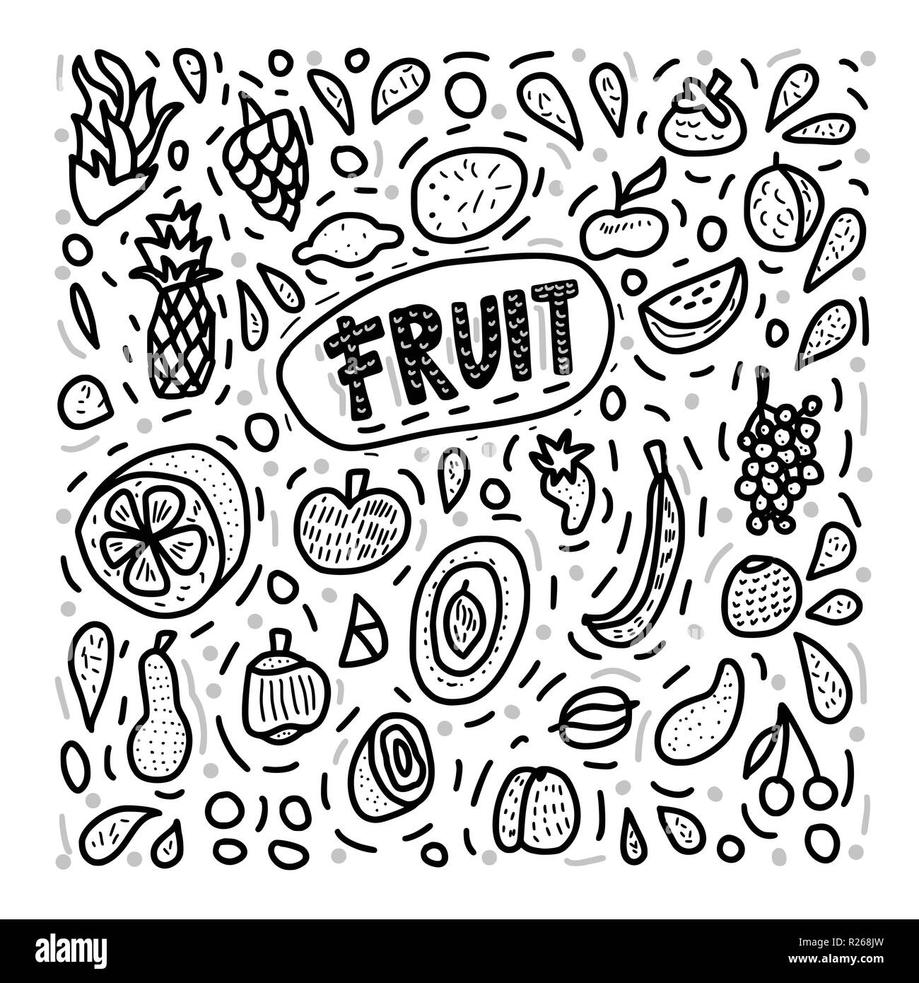 Vecteur de fruits concept dans doodle style. Ensemble de saveurs de pomme, poire, orange, mangue, citron et etc. Square coloring page composition. Illustration de Vecteur