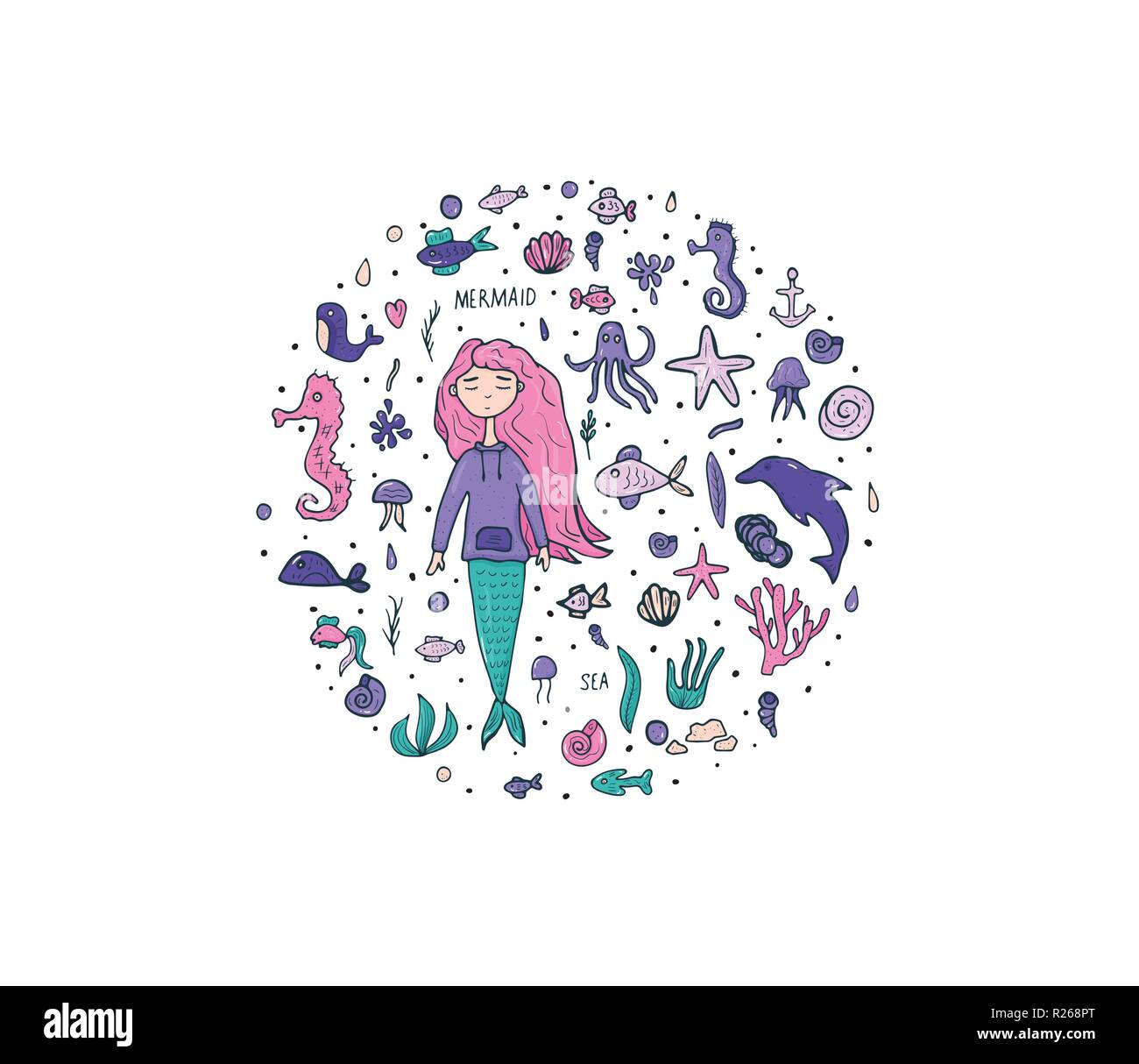 Badges ronds de la sirène et la mer situé dans doodle style. Vector illustration. Illustration de Vecteur
