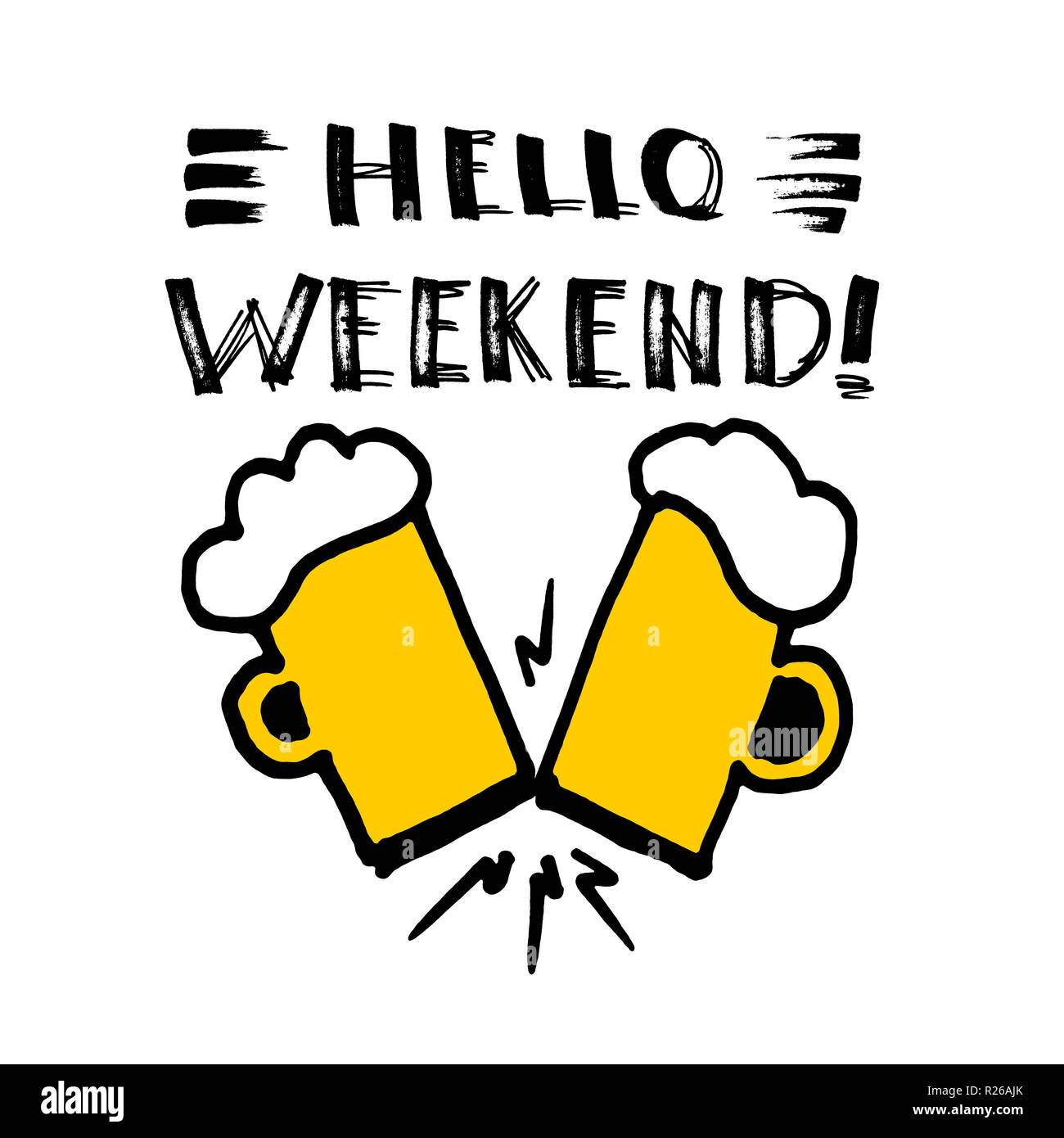Bonjour Week-end ! Lettrage, funny design pour t-shirt ou un poster avec deux verres de trinquer Banque D'Images