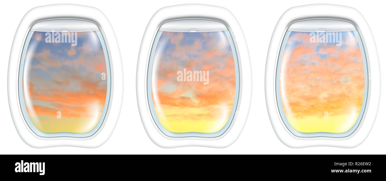 Trois hublots d'avion Perth sur le coucher du soleil de l'Australie, à partir d'un avion sur les hublots sous windows. Copier l'espace. Banque D'Images