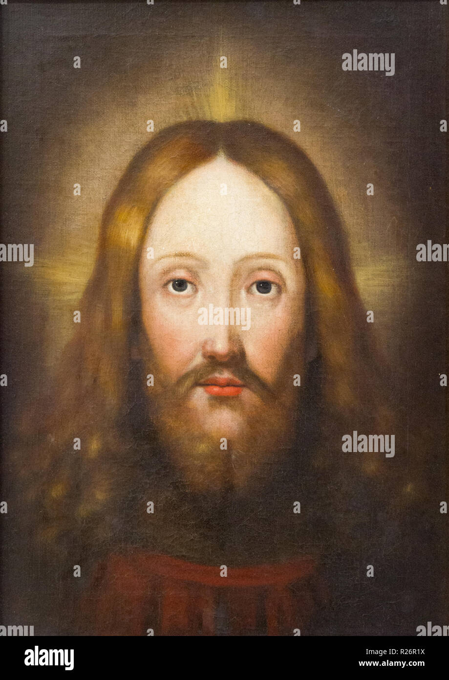 Une peinture de la visage du Christ à partir de l'église franciscaine de Bardejov. Le visage ressemble au visage sur l'image d'Edesse/Mandylion/Suaire de Turin. Banque D'Images