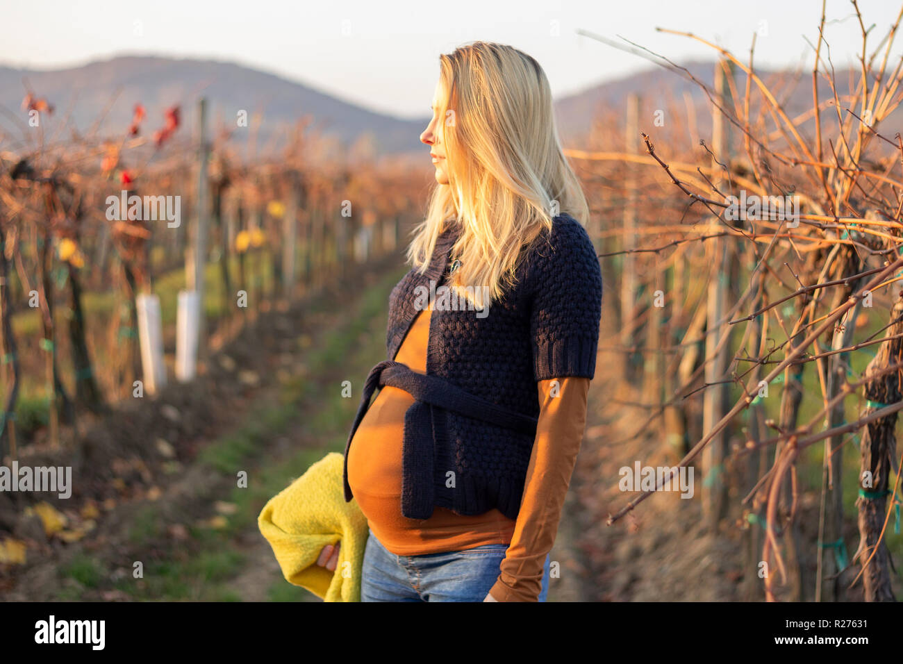 Femme enceinte en plein air randonnée automne nature Banque D'Images