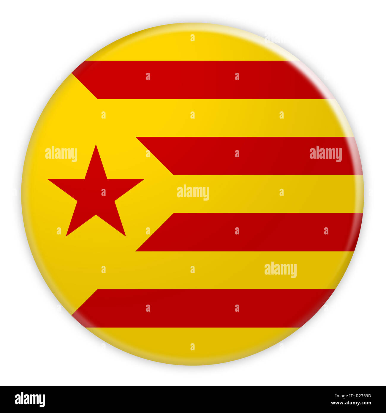 Estelada Groga bouton drapeau catalan, Catalogne Indépendance Actualités Concept d'un insigne, 3d illustration sur fond blanc Banque D'Images