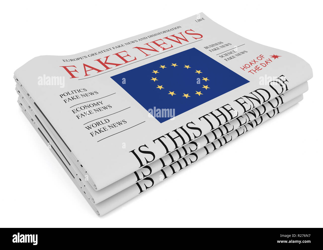 Fake News Concept de l'Union européenne : Pile de journaux avec drapeau de l'UE, 3d illustration sur fond blanc Banque D'Images