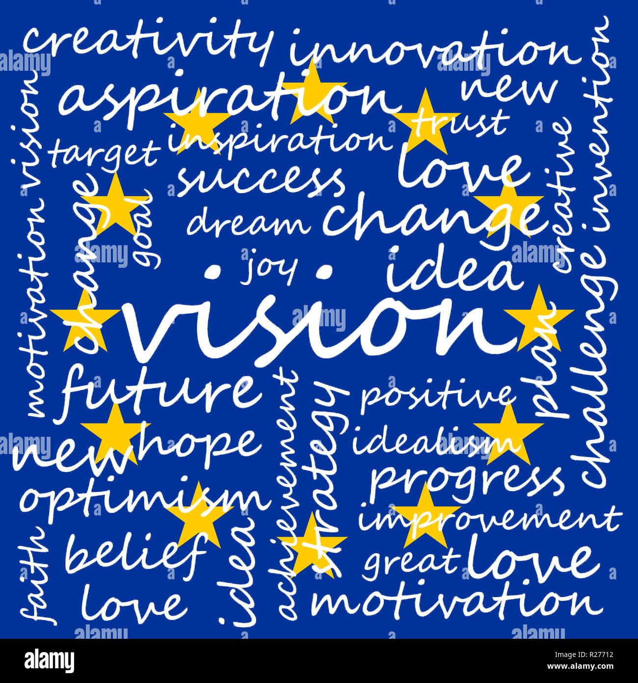Illustration conceptuelle de nuage de tags avec des mots liés à la vision, la créativité et l'optimisme, l'arrière-plan du pavillon de l'UE Banque D'Images