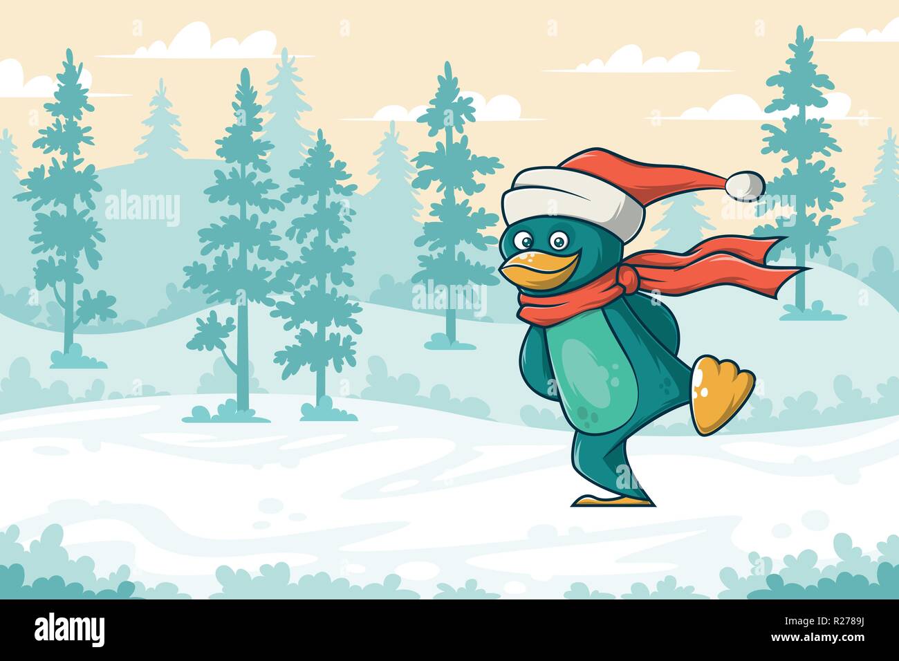 Funny cartoon pingouin avec le chapeau et foulard sur la glace en hiver Illustration de Vecteur