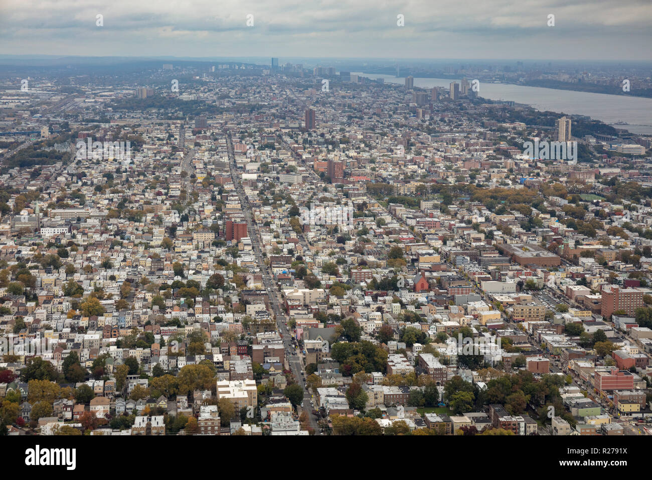 Vue aérienne de l'hélicoptère et des hauteurs d'Hoboken, NJ, USA, New Jersey, USA Banque D'Images