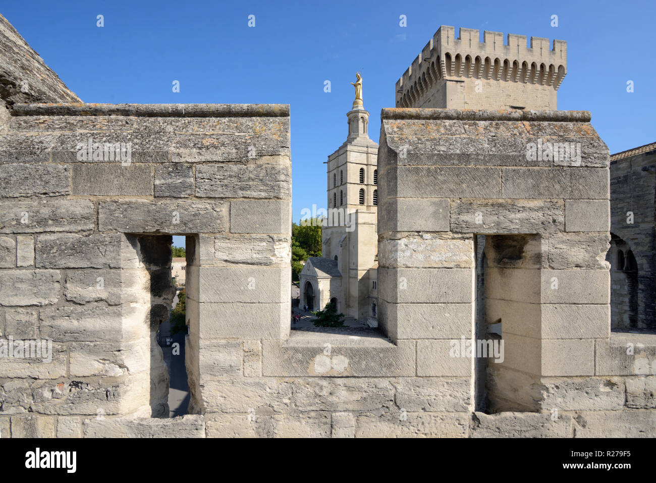 Notre Dame des Doms Église ou Cathédrale tourné par créneaux sur le toit-terrasse du Palais des Papes ou Palais des Papes Avignon Provence France Banque D'Images