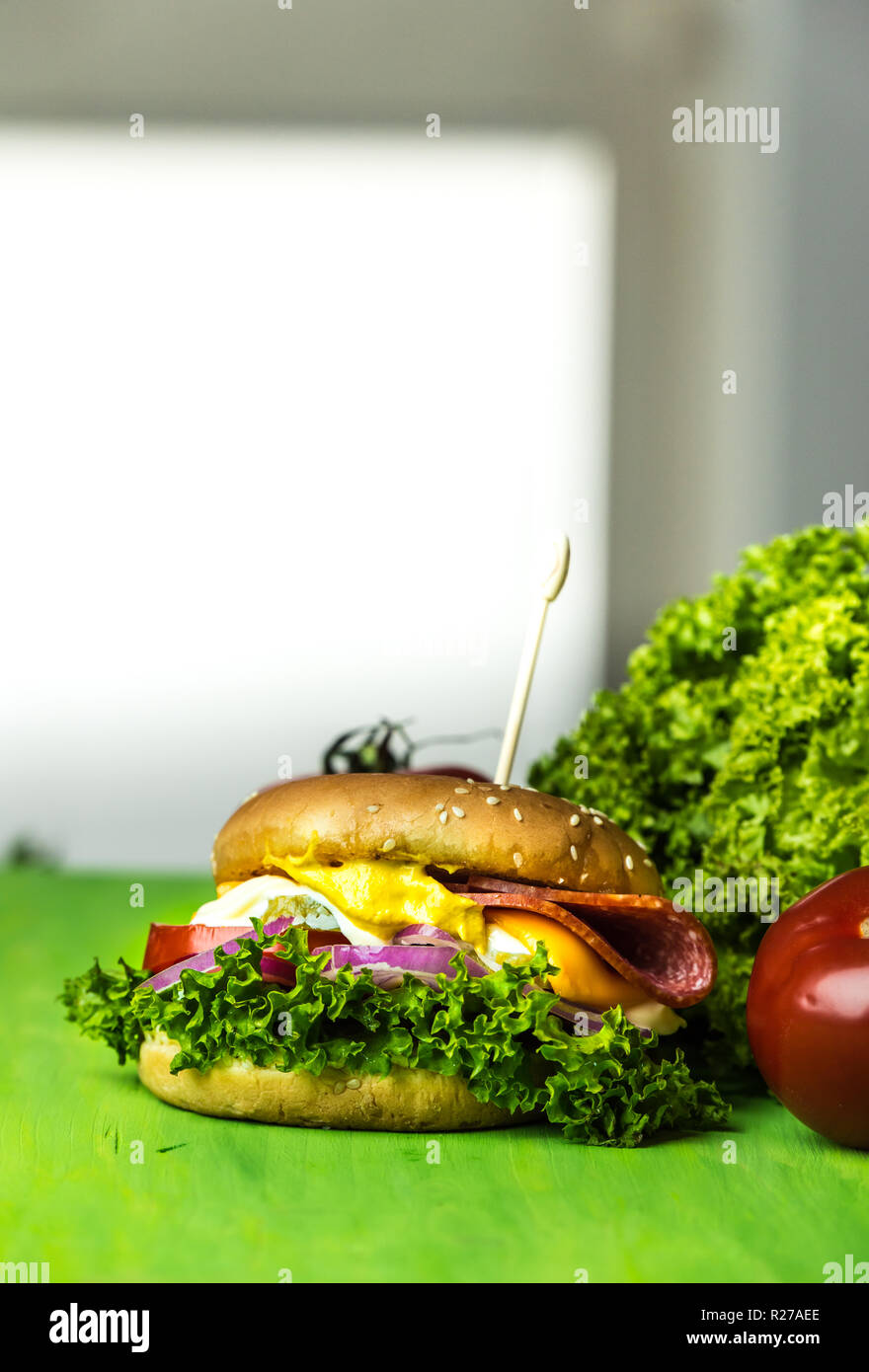 Délicieux cheesburger avec un grand nombre de légumes, moutarde, mayonnaise, de salami et d'oignon violet Banque D'Images