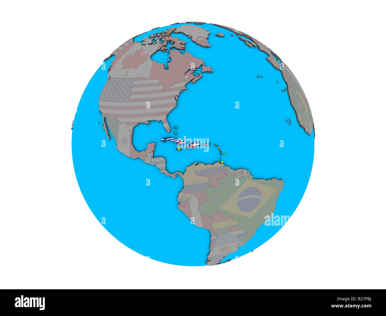 Caraïbes avec des drapeaux nationaux sur blue globe 3D politique. 3D illustration isolé sur fond blanc. Banque D'Images