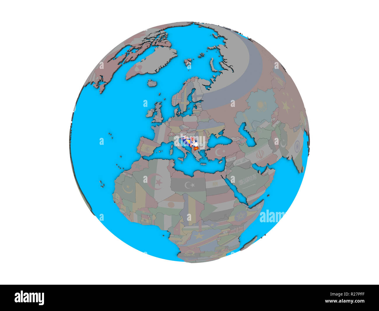 L'ex-Yougoslavie avec des drapeaux nationaux sur blue globe 3D politique. 3D illustration isolé sur fond blanc. Banque D'Images