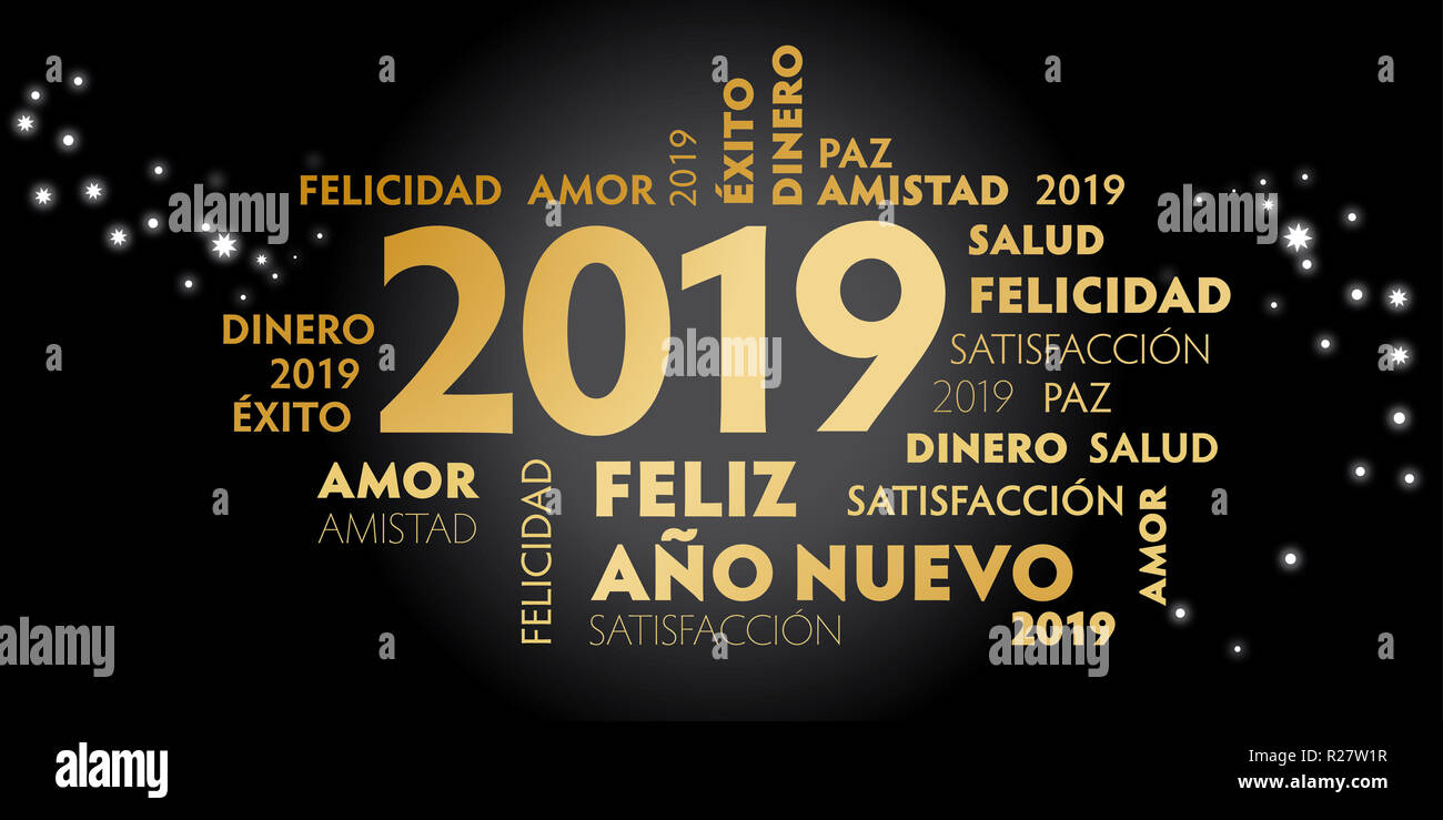 Bonne année Langue Espagnol Espagnol carte de souhaits avec slogan "feliz año nuevo' et bons voeux pour la nouvelle année. Fond noir et texte d'or Banque D'Images