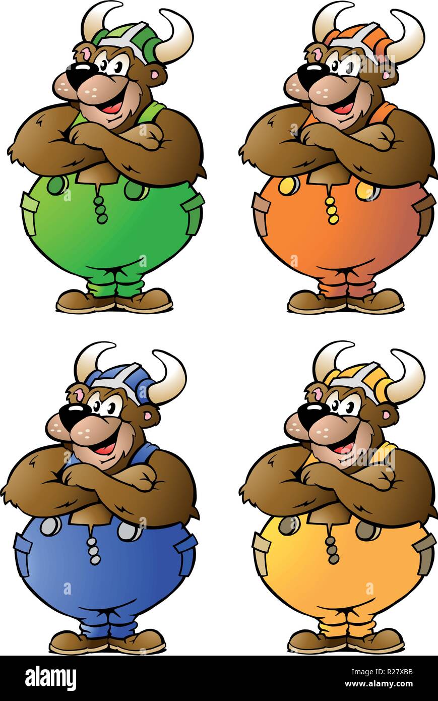 Vector illustrations dessinées à la main de 4 ours en salopette de couleur Viking Illustration de Vecteur