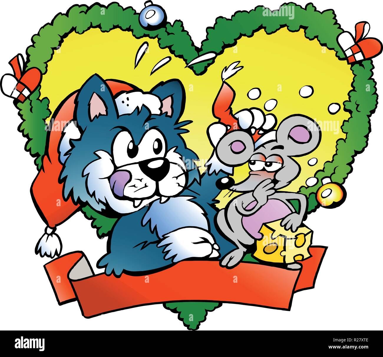 Vector illustration dessinée à la main d'un chat et une souris très nerveux Illustration de Vecteur