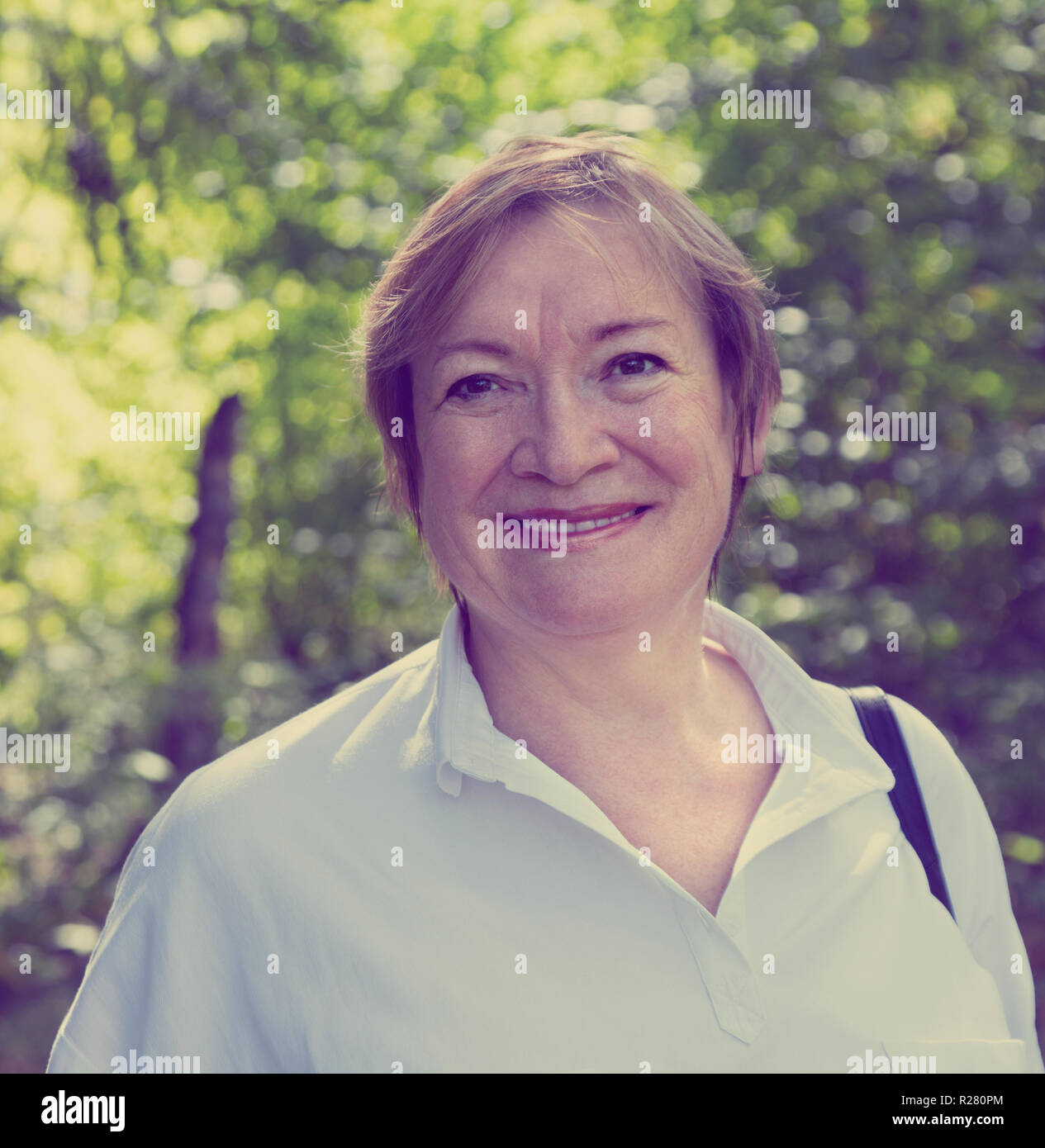 Portrait d'une femme âgée de 55 à 65 ans qui coûte en bois Banque D'Images