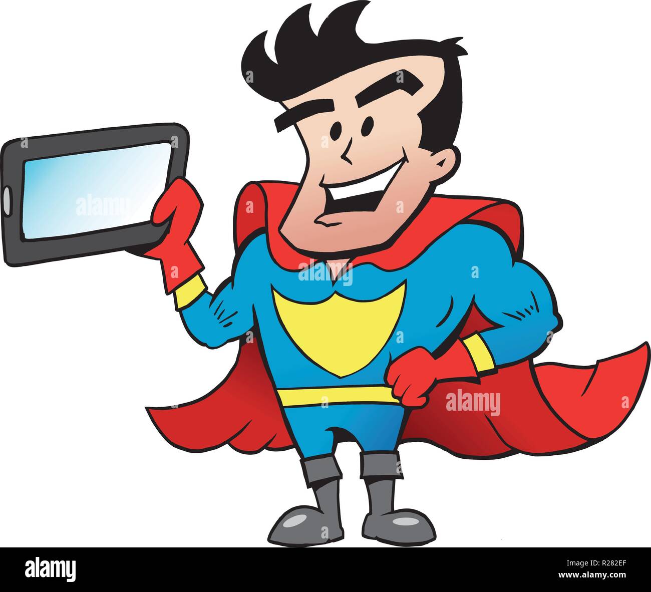 Cartoon Vector illustration d'un super héros, avec une tablette graphique Illustration de Vecteur