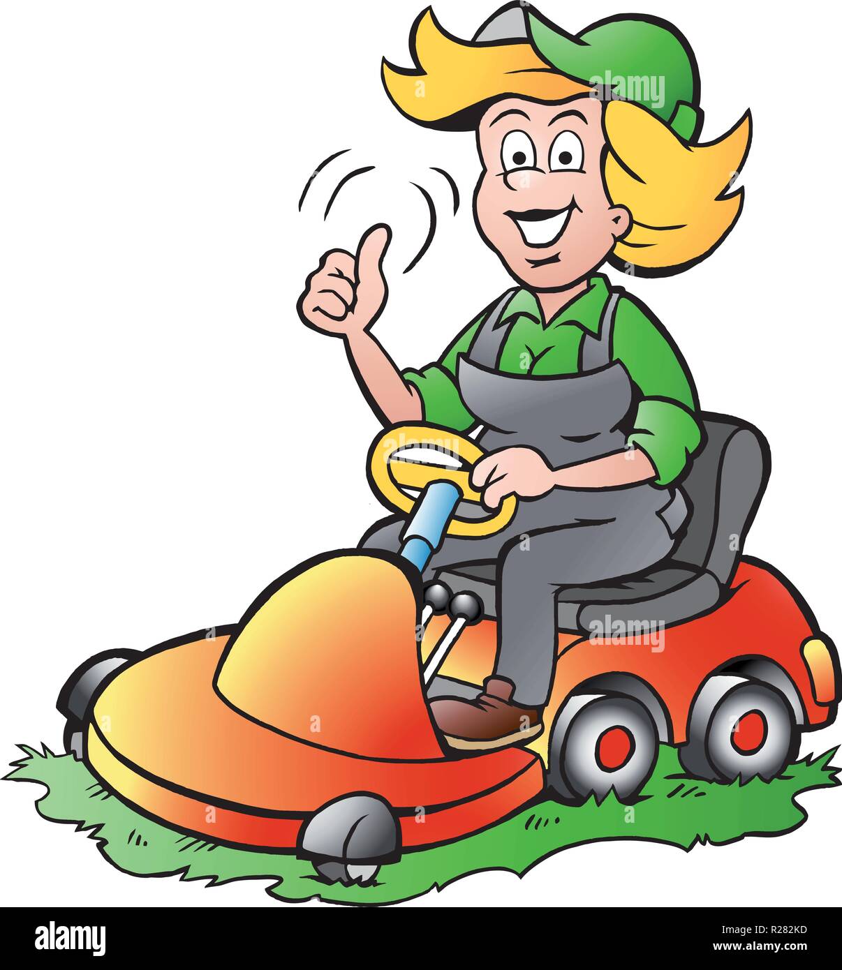 Cartoon Vector illustration d'un jardinier pratique Woman riding sur une tondeuse Illustration de Vecteur