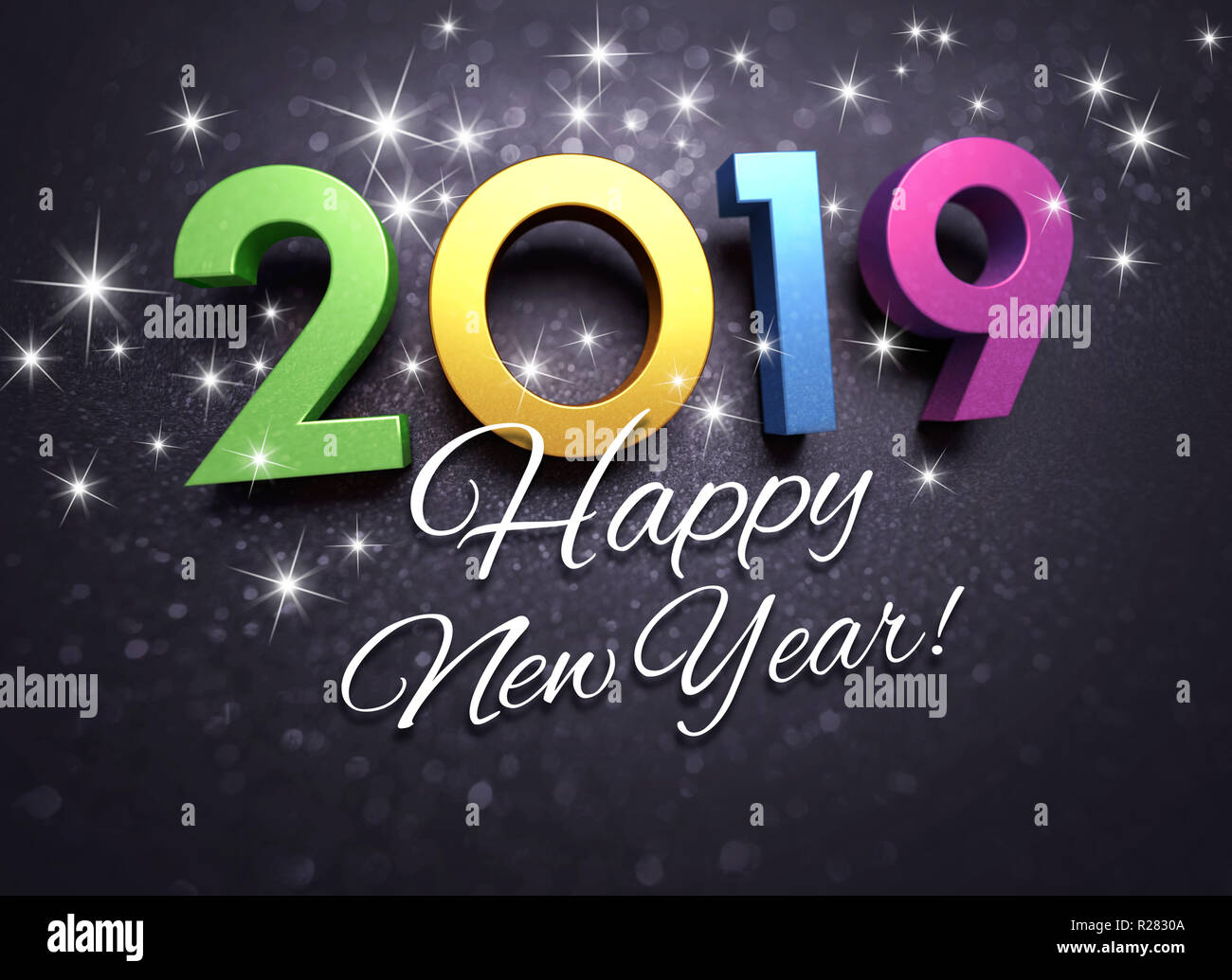 Salutations et bonne année 2019 date nombre de couleurs, sur un fond noir, avec des paillettes et des étoiles - 3D illustration Banque D'Images