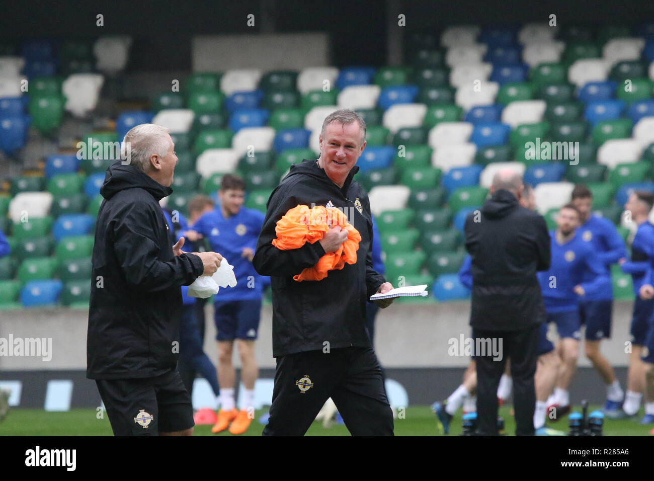 Windsor Park, Belfast, en Irlande du Nord.17 Novembre 2018. La formation de l'Irlande du Nord à Belfast ce matin avant leur match de Ligue des Nations Unies de l'UEFA contre l'Autriche demain soir dans le stade. L'Irlande du manager Michael O'Neill à la formation. Crédit : David Hunter/Alamy Live News. Banque D'Images