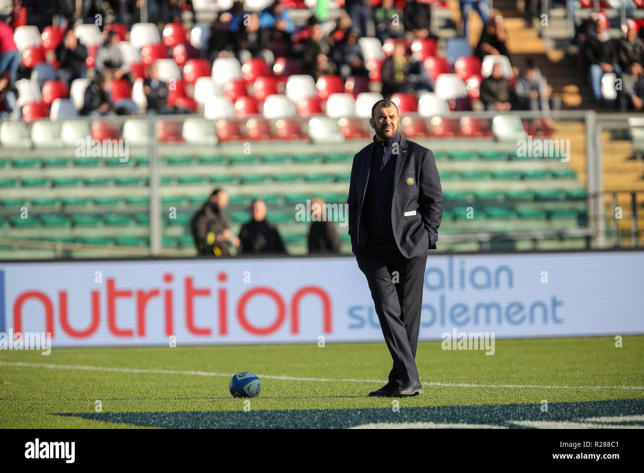 Padova, Italie. 17 novembre, 2018. L'entraîneur en chef des wallabies Michael Cheika regarde ses dvd avant le début du match contre l'Italie en novembre Cattolica Test Match 2018©Massimiliano Carnabuci/Alamy live news Banque D'Images