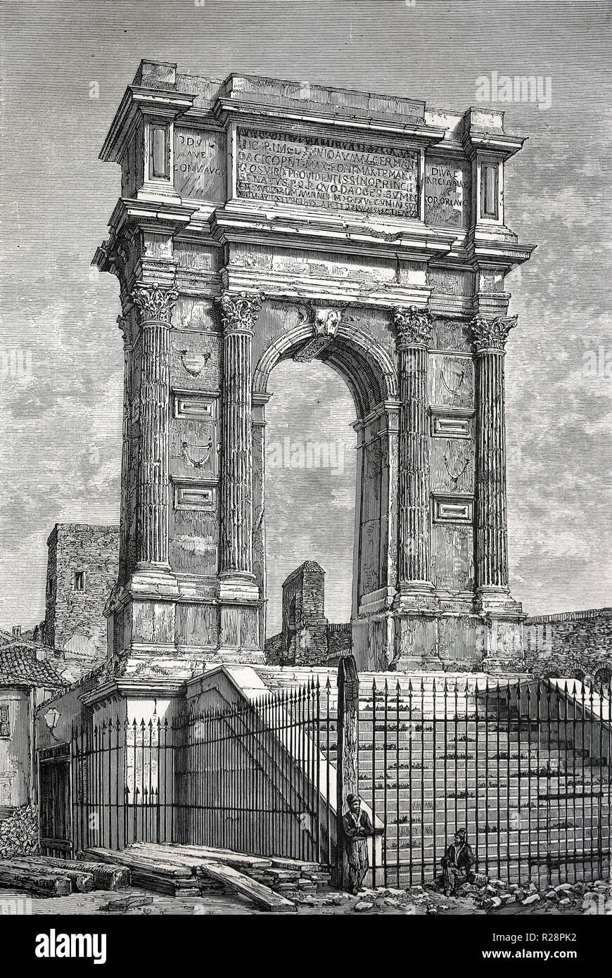 Trajan de triomphe d'Ancona (100-116 AD). Gravure vers 1870. 19e siècle. Banque D'Images