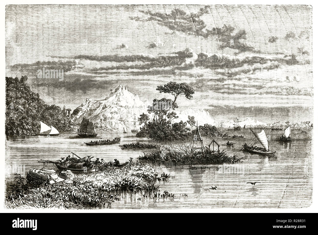 Vue ancienne de la baie de Chanthaburi, en Thaïlande. Par Sabatier après Mouhot, publ. sur le Tour du Monde, Paris, 1863 Banque D'Images