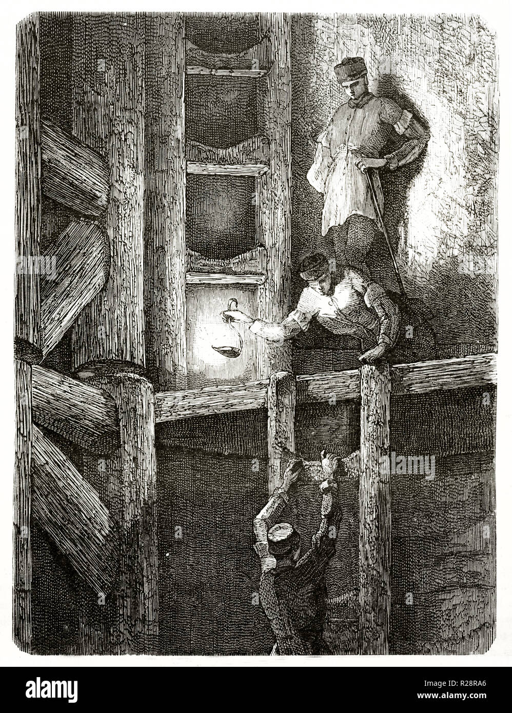 Vieille illustration dépeignant les hommes en ordre décroissant par les escaliers dans une mine d'Harz, Allemagne. Par Stroobant, publ. sur le Tour du Monde, Paris, 1863 Banque D'Images