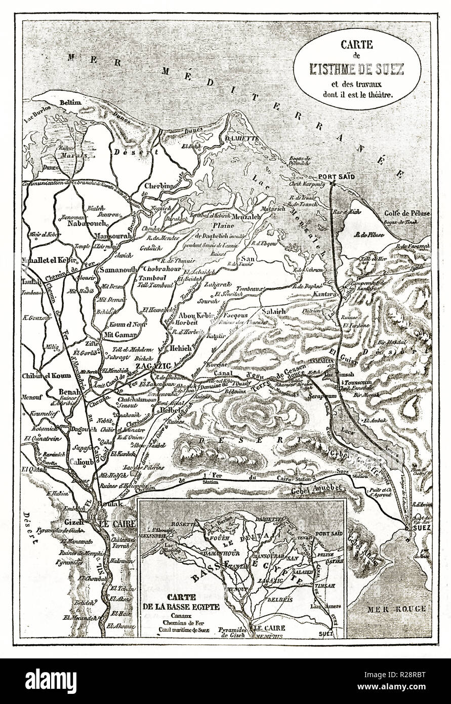 Isthme de Suez et l'ancienne carte du delta du Nil. Par Erhhard et Bonaparte, publ. sur le Tour du Monde, Paris, 1863 Banque D'Images