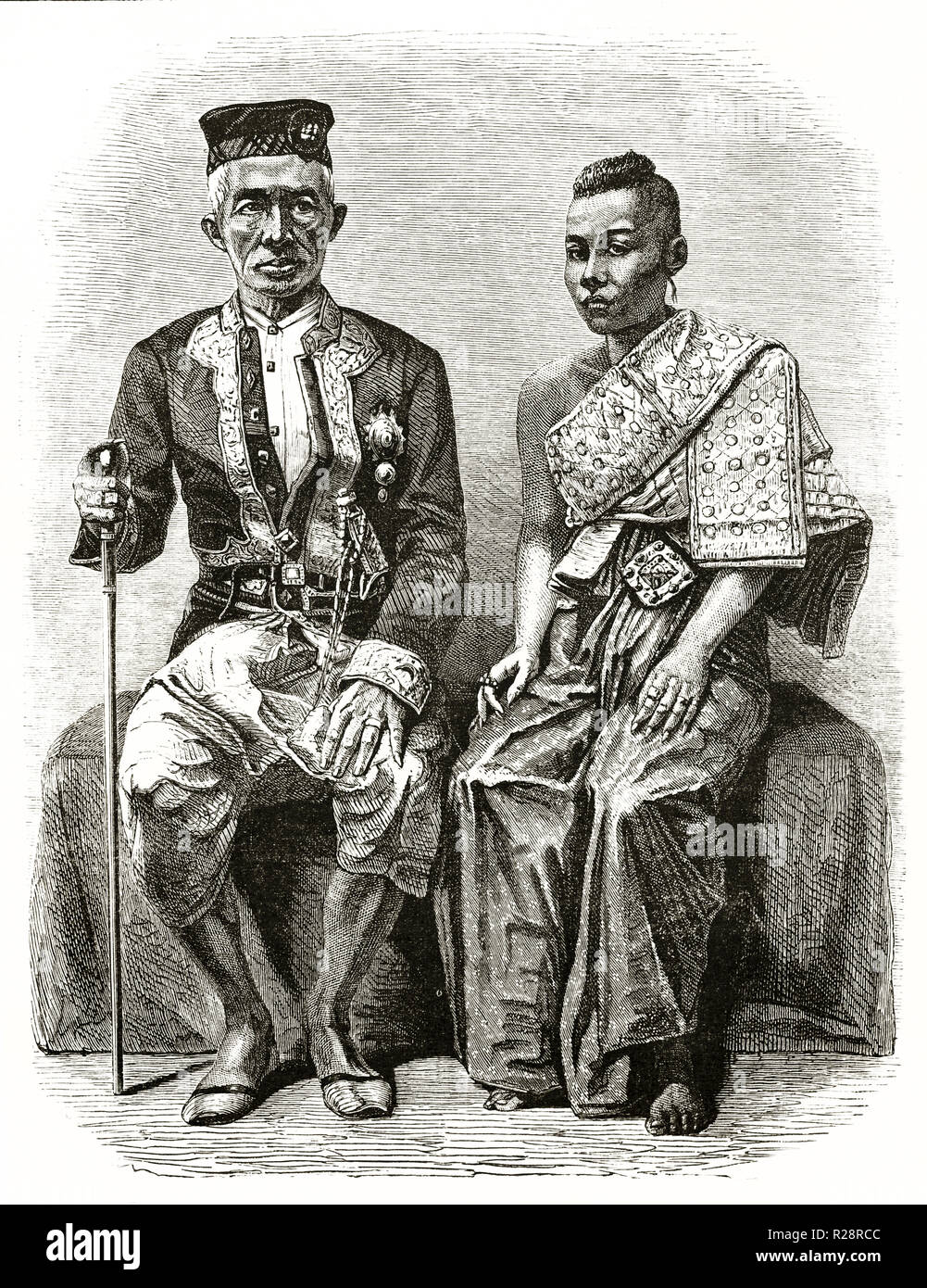 Ancien portrait gravé du Roi et de la Reine de Thaïlande (Siam). Par Bocourt, publ. sur le Tour du Monde, Paris, 1863 Banque D'Images