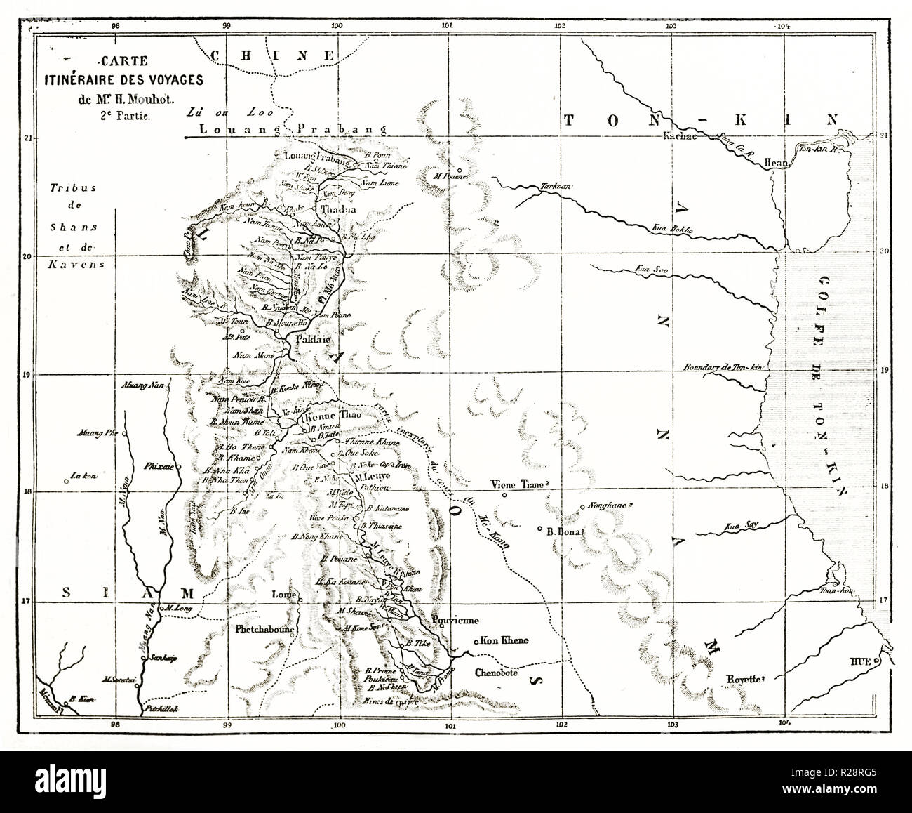 Ancienne carte d'Henri Mohuot itinéraire d'exploration en Asie du sud-est. Par Erhard et Bonaparte, publ. sur le Tour du Monde, Paris, 1863 Banque D'Images