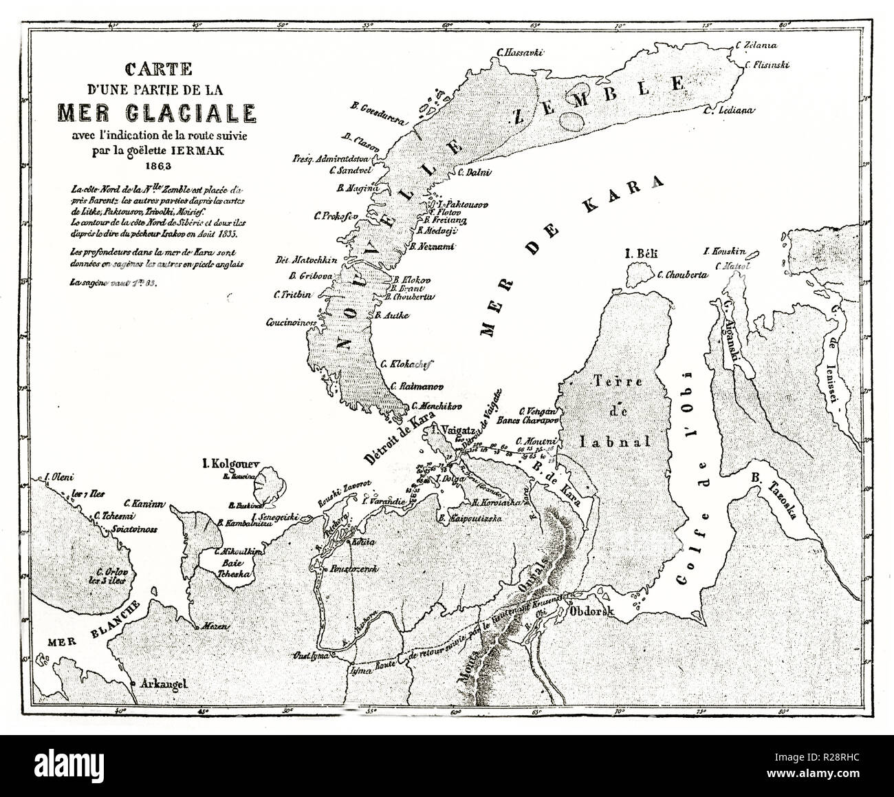 Carte ancienne de la Nouvelle-Zemble et du Nord de la Russie. Par Erhard et Bonaparte, publ. sur le Tour du Monde, 1863 Banque D'Images