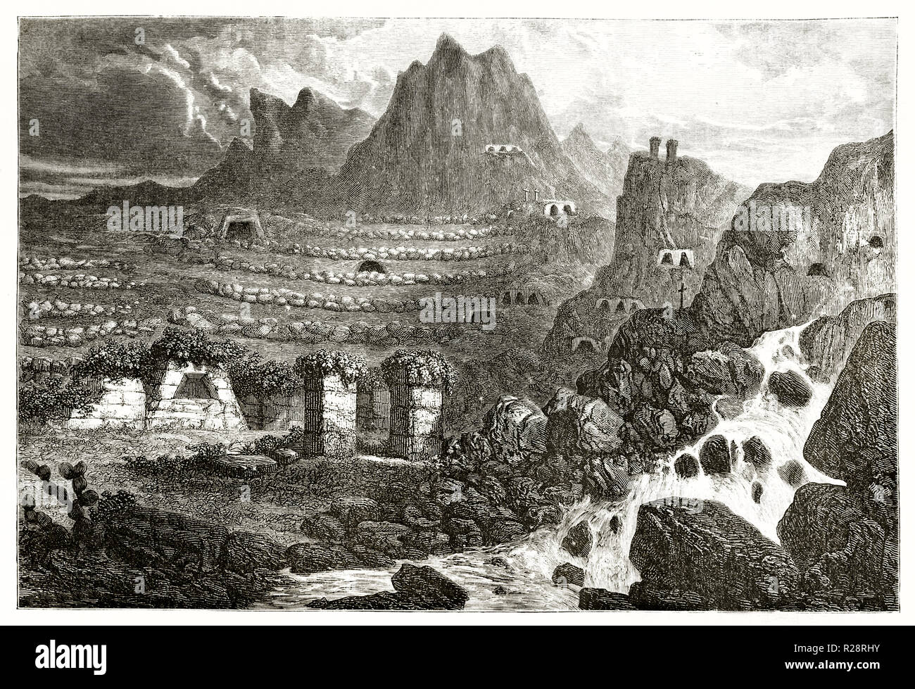 Vue ancienne d'Ollantaytambo carrières, le Pérou. Par Riou, publ. sur le Tour du Monde, Paris, 1863 Banque D'Images